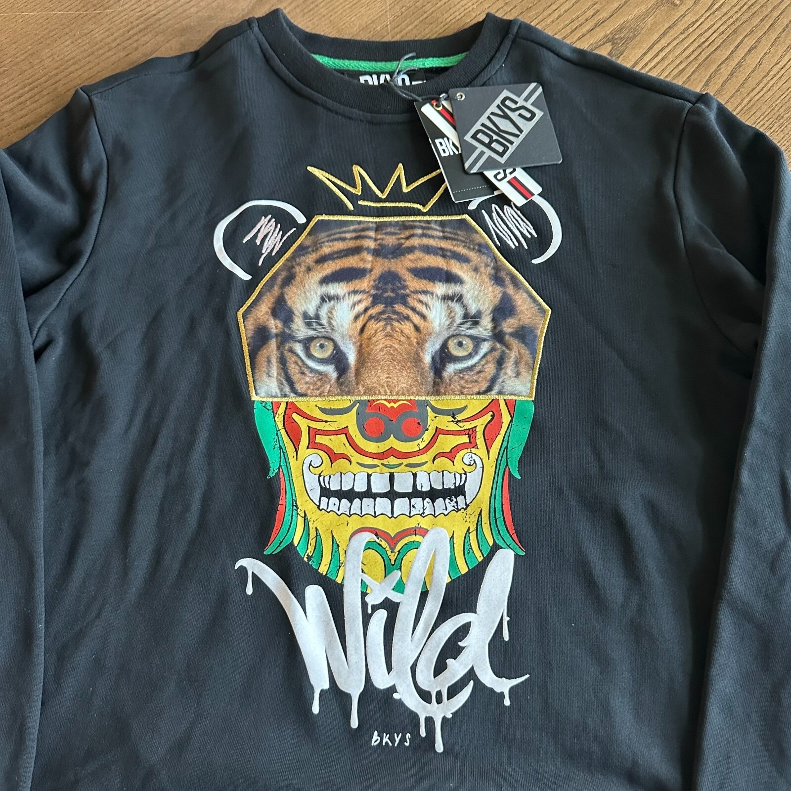 Bkys Men's Black Hoodie Wild Tiger Skull Embroidered Logo Size Small